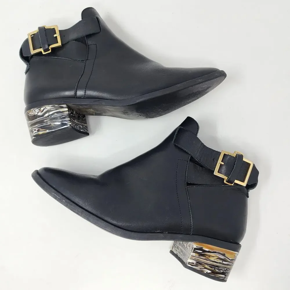 Miista Ankle Bootie Women 10 Clarissa Marbled Acrylic Heel Black Leather Buckle